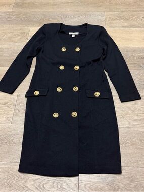 St. John Marie Gray Black Santana Knit Double Breasted Button Sweater Dress 8 US